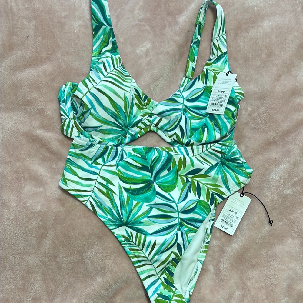 Shade & Shore Green and White Leaf Print Bikini